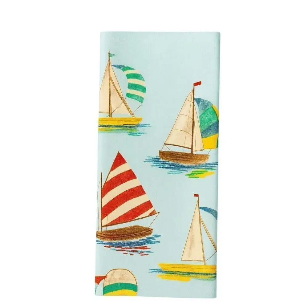 Stonewall Kitchen Sail Away Nautical Tea Towel, Cotton, Colorful Sailboats, New